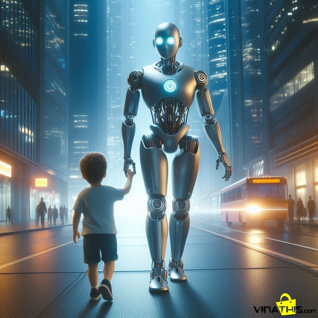 A humanoid AI robot leading a human